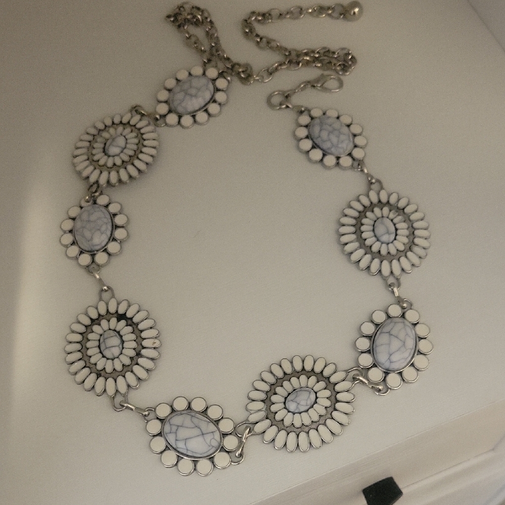 Elegant White and Silver tone Statement Necklace Large white enamel discs